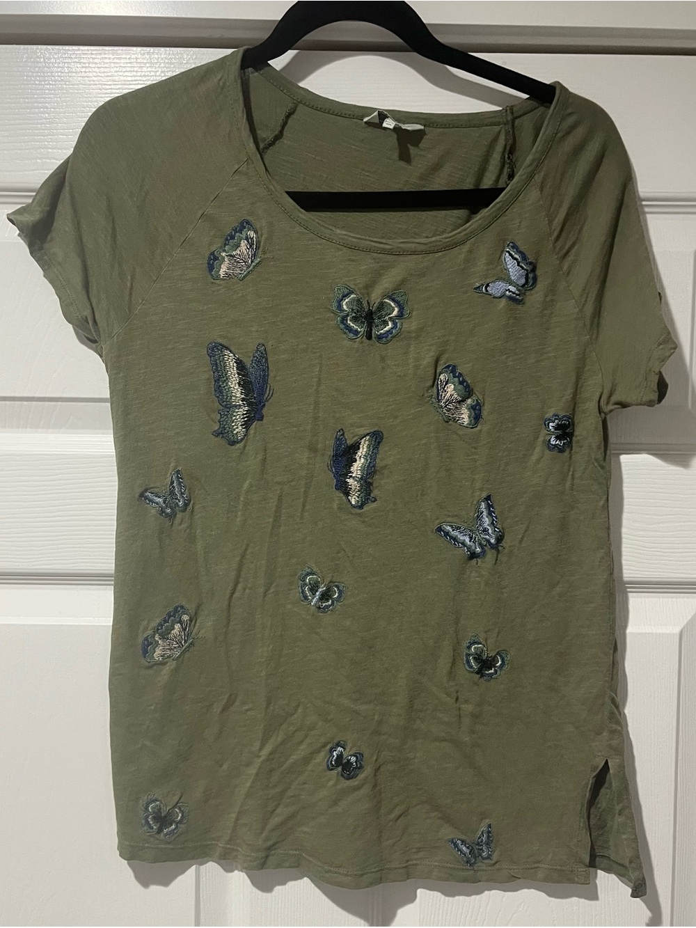 Lucky Brand Olive Green Butterfly Embroidered Short Sleeve Tee